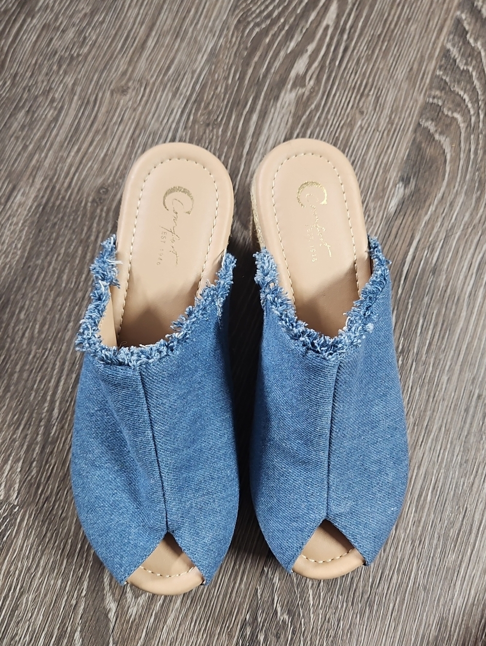 Comfortiva Denim Frayed Open-Toe Mules in Blue